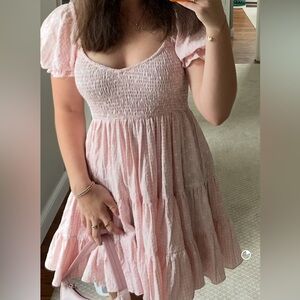 Pink Smocked Puff Sleeve Dress